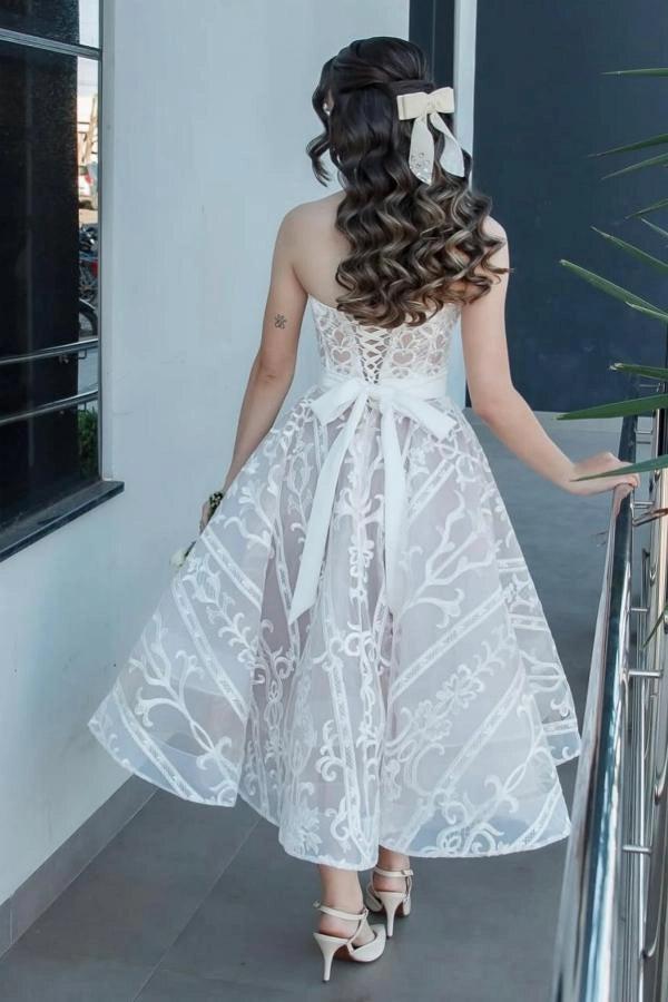 Ivory Tea Length Wedding Dress Strapless Sweetheart Sheer Illusion Boned  Corset All-Over Ivory Baroque Scroll Vine Lace Embroidery Lace-Up Back  White Satin Bow Waist Sash A-Line