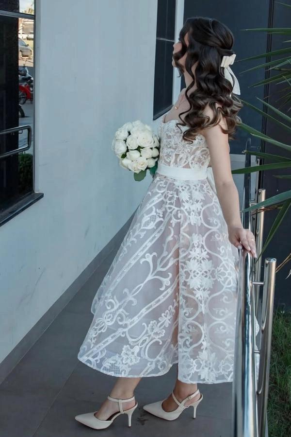 Ivory Tea Length Wedding Dress Strapless Sweetheart Sheer Illusion Boned  Corset All-Over Ivory Baroque Scroll Vine Lace Embroidery Lace-Up Back  White 