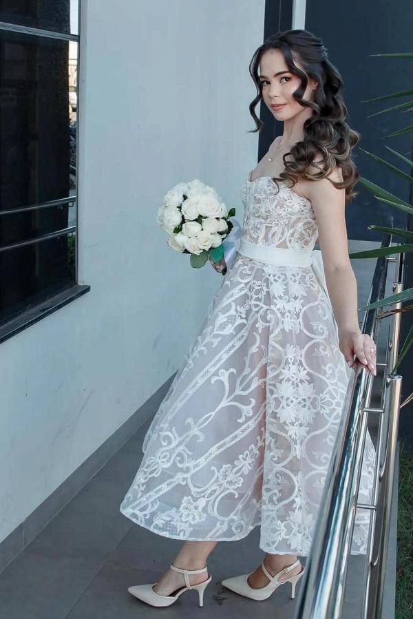 Ivory Tea Length Wedding Dress Strapless Sweetheart Sheer Illusion Boned  Corset All-Over Ivory Baroque Scroll Vine Lace Embroidery Lace-Up Back  White Satin Bow Waist Sash A-Line | Misshow  misshow.com