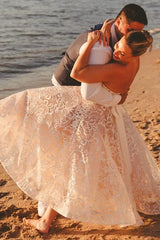 Ivory Tea Length Wedding Dress Strapless Sweetheart Sheer Illusion Boned Corset All-Over Ivory Gold Baroque Scroll Vine Lace Embroidery Thin White Satin Waist Sash Detachable Oversized Off Shoulder Tulle Puff Sleeve Multi-Tier Ruffle A-Line Bridal Gown