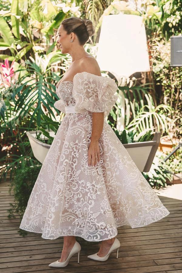 Ivory Tea Length Wedding Dress Strapless Sweetheart Sheer Illusion Boned  Corset All-Over Ivory Gold Baroque