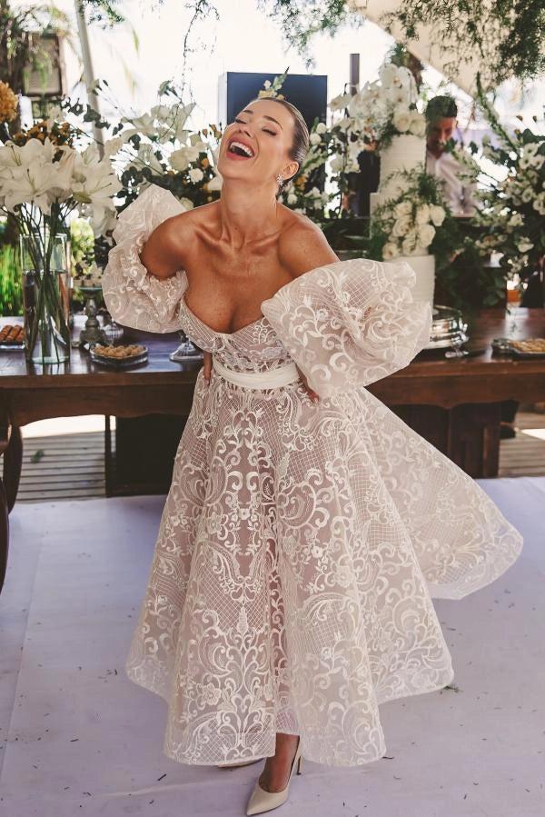 Ivory Tea Length Wedding Dress Strapless Sweetheart Sheer Illusion Boned  Corset All-Over Ivory Gold Baroque