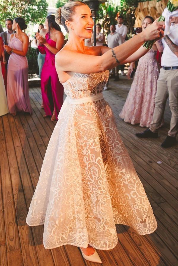 Ivory Tea Length Wedding Dress Strapless Sweetheart Sheer Illusion Boned Corset All-Over Ivory Gold Baroque Scroll Vine Lace Embroidery Thin White Satin Waist Sash Detachable Oversized Off Shoulder Tulle Puff Sleeve Multi-Tier Ruffle A-Line Bridal Gown