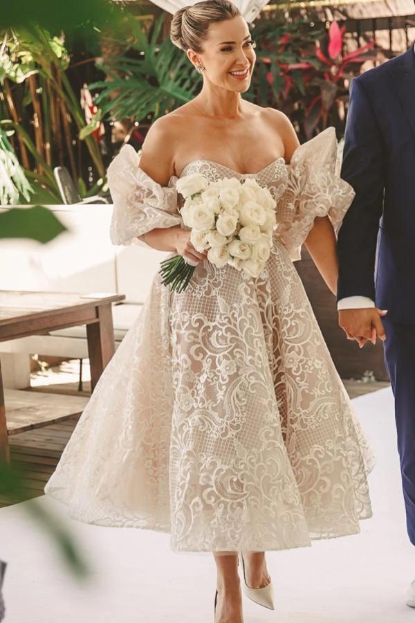 Ivory Tea Length Wedding Dress Strapless Sweetheart Sheer Illusion Boned Corset All-Over Ivory Gold Baroque Scroll Vine Lace Embroidery Thin White Satin Waist Sash Detachable Oversized Off Shoulder Tulle Puff Sleeve Multi-Tier Ruffle A-Line Bridal Gown