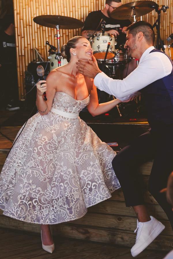 Ivory Tea Length Wedding Dress Strapless Sweetheart Sheer Illusion Boned Corset All-Over Ivory Gold Baroque Ivory Tea Length Wedding Dress Strapless Sweetheart Sheer Illusion Boned Corset All-Over Ivory Gold Baroque
