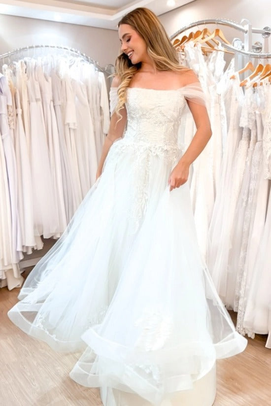 Ivory Tulle A-Line Wedding Dress Strapless 3D Floral Lace Applique Corset Off-Shoulder Wrap Sweep Train Bridal Gown with Pockets
