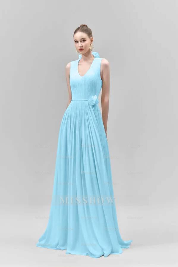 Ivory V-Neck Sleeveless A-Line Chiffon Pleated Belt Floor Length Formal Evening Dress