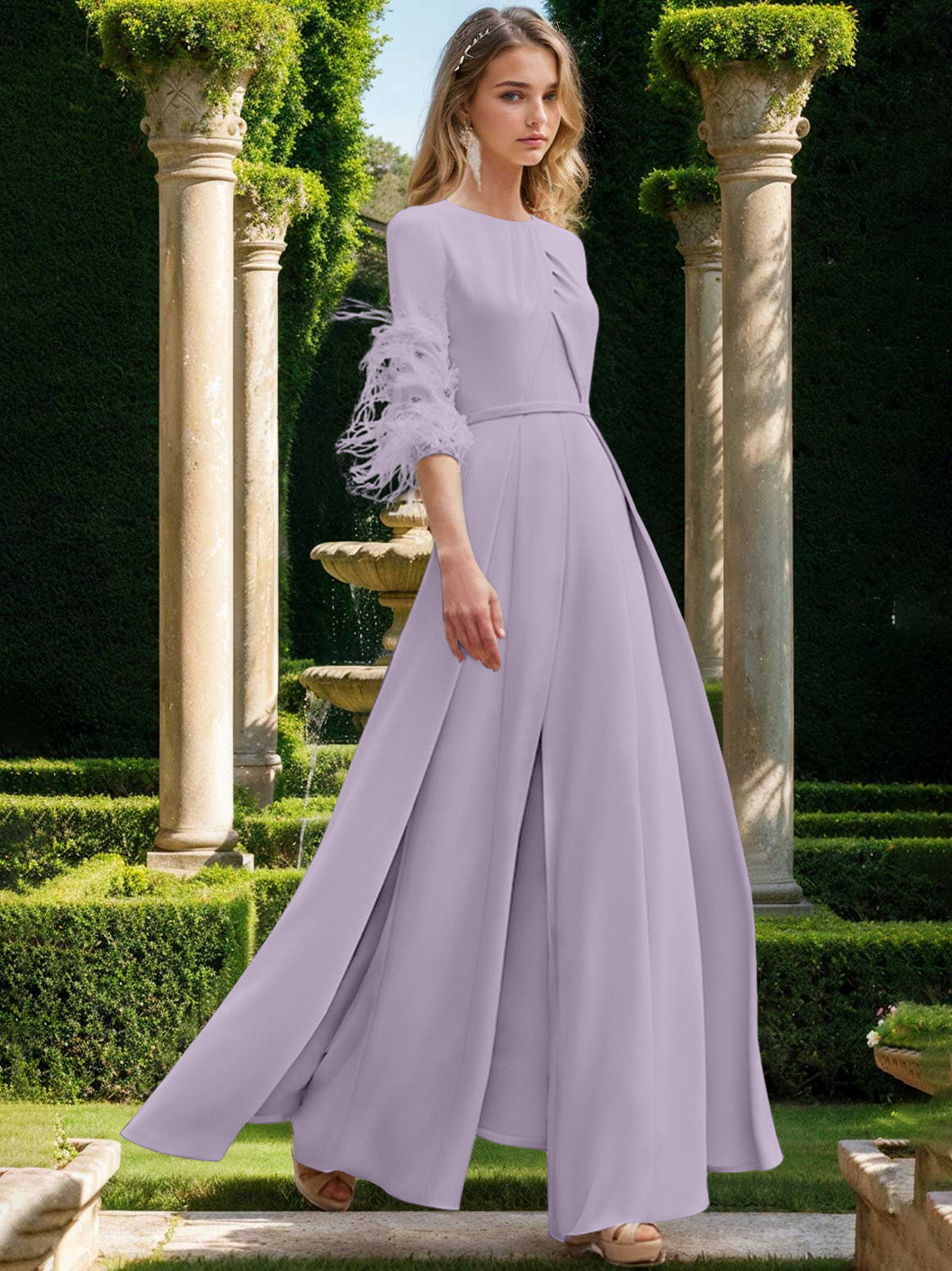 Jewel Neck Half Sleeves Ankle-Length Mother Of The Bride Pantsuits With Feathers