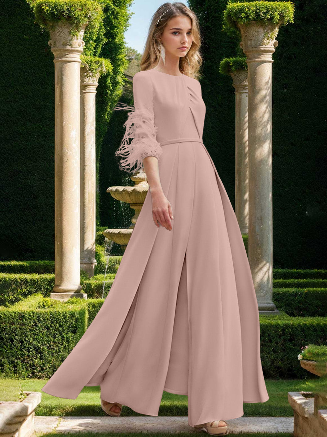 Jewel Neck Half Sleeves Ankle-Length Mother Of The Bride Pantsuits With Feathers