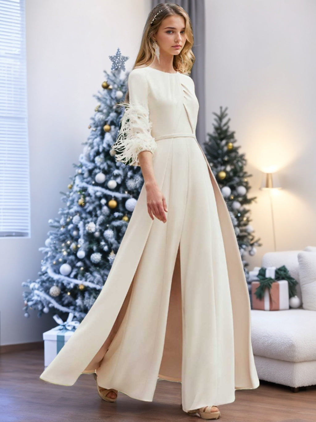 Jewel Neck Half Sleeves Ankle-Length Mother Of The Bride Pantsuits With Feathers