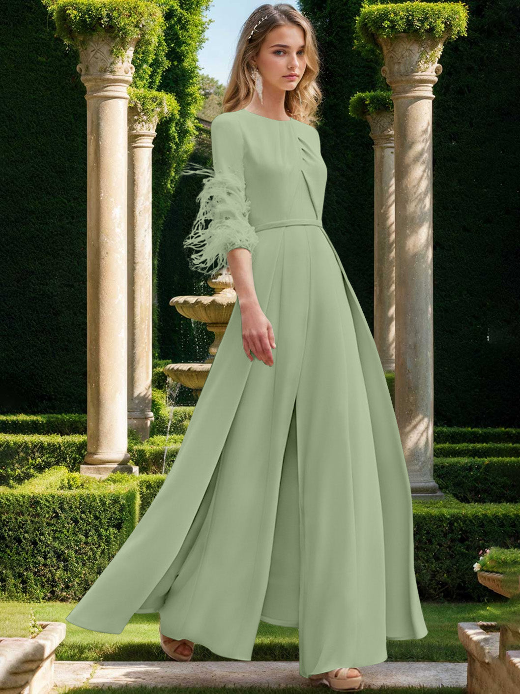 Jewel Neck Half Sleeves Ankle-Length Mother Of The Bride Pantsuits With Feathers