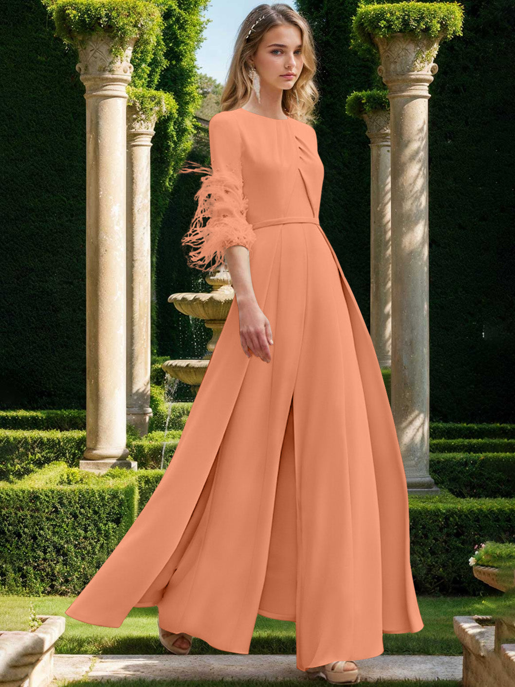 Jewel Neck Half Sleeves Ankle-Length Mother Of The Bride Pantsuits With Feathers
