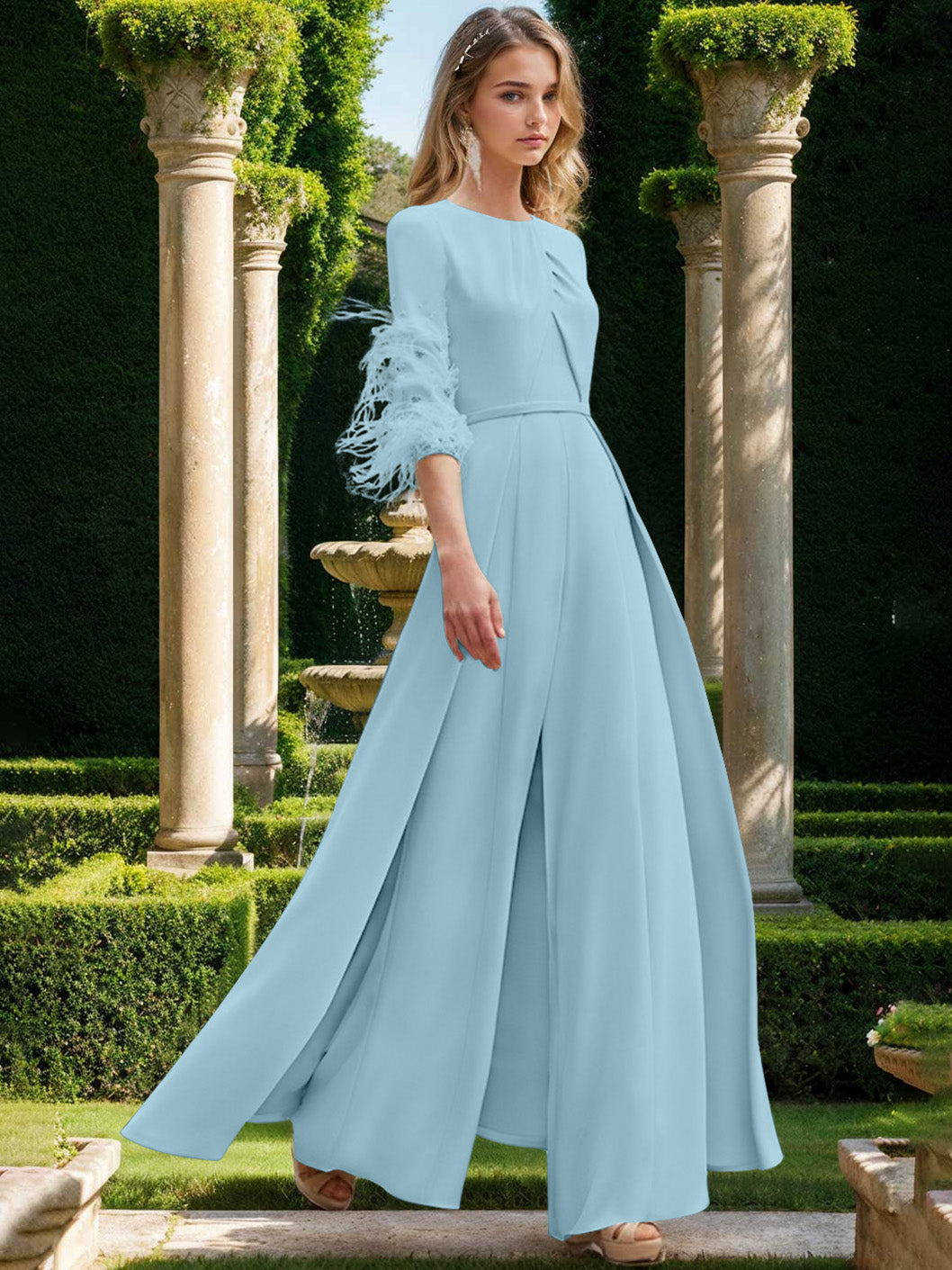 Jewel Neck Half Sleeves Ankle-Length Mother Of The Bride Pantsuits With Feathers