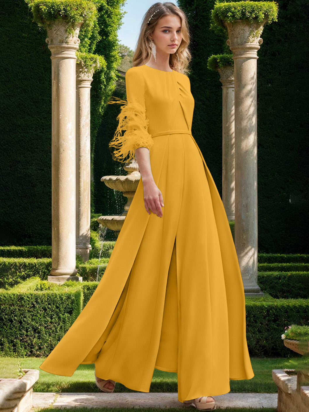 Jewel Neck Half Sleeves Ankle-Length Mother Of The Bride Pantsuits With Feathers