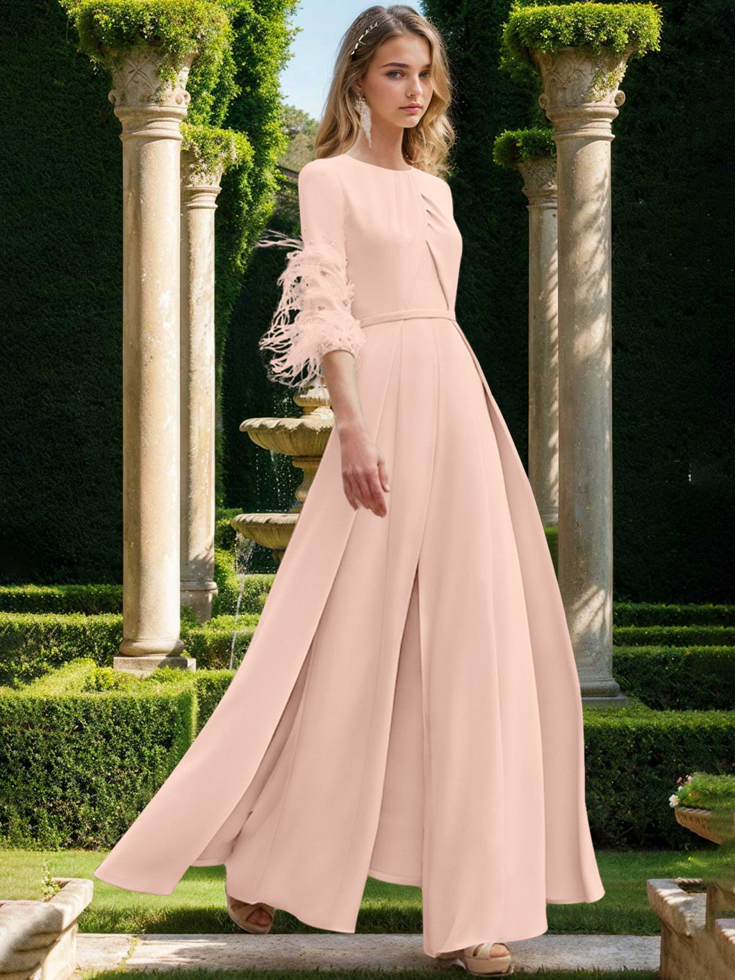 Jewel Neck Half Sleeves Ankle-Length Mother Of The Bride Pantsuits With Feathers