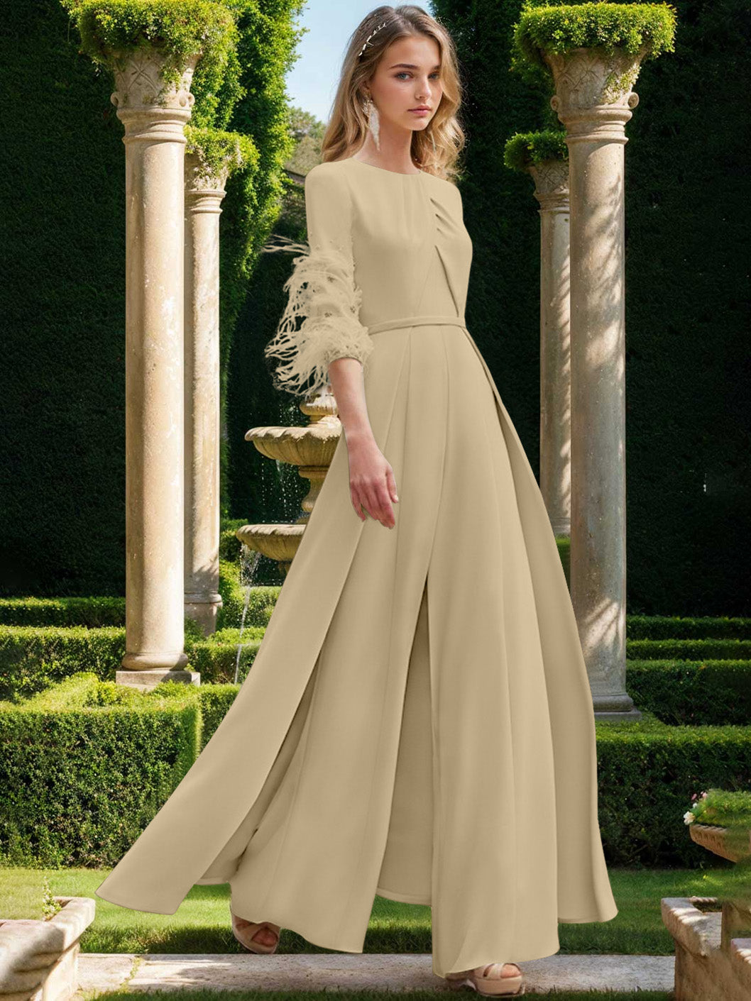 Jewel Neck Half Sleeves Ankle-Length Mother Of The Bride Pantsuits With Feathers