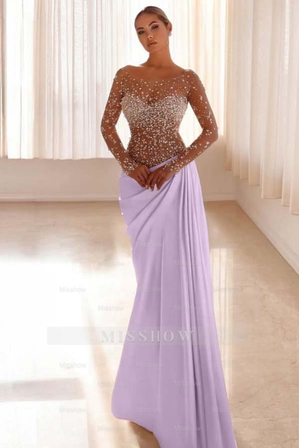 Jewel Neck Long Sleeves Long Mermaid Formal Dress With Pleated