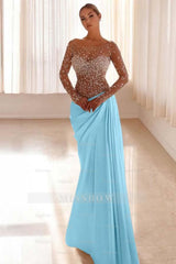 Jewel Neck Long Sleeves Long Mermaid Formal Dress With Pleated