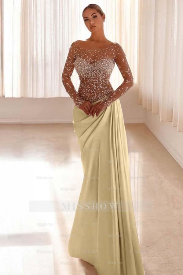 Jewel Neck Long Sleeves Long Mermaid Formal Dress With Pleated