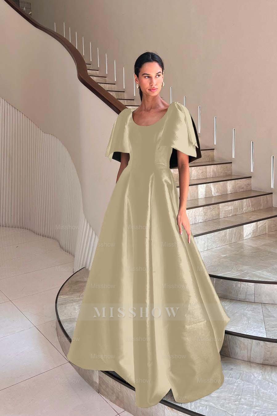 Jewel Neck Short Sleeves Long A Line Formal Dress With Pleated