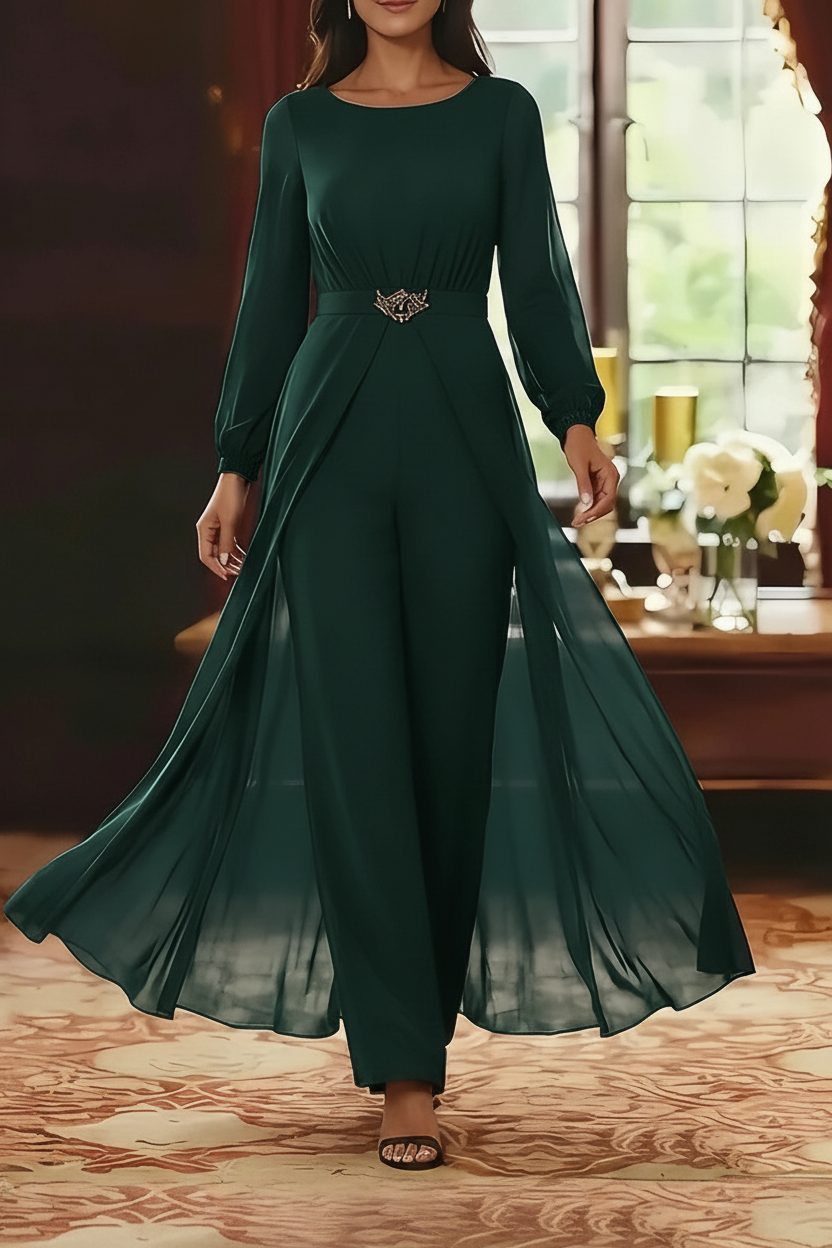 Jumpsuit Scoop Chiffon Mother of the Bride Jumpsuit with Overskirt Ankle-Length Long Sleeves