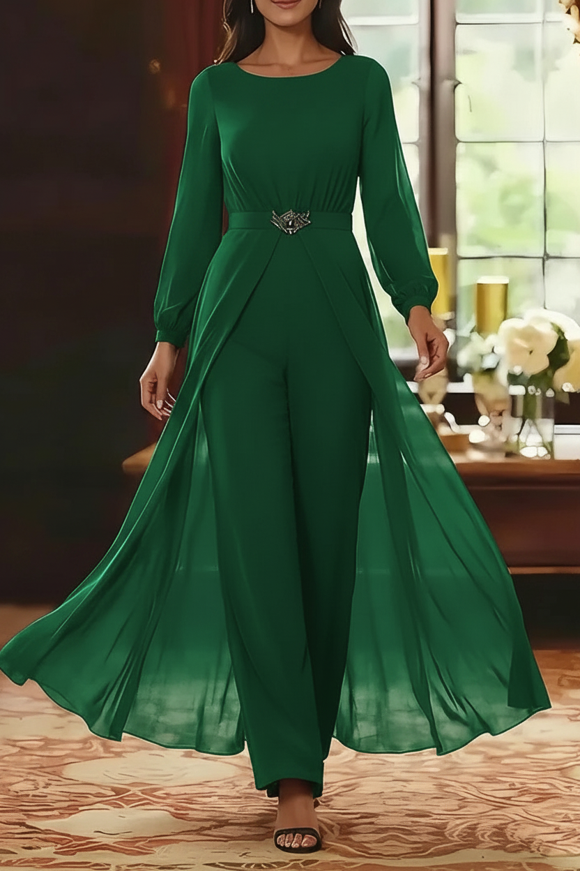 Jumpsuit Scoop Chiffon Mother of the Bride Jumpsuit with Overskirt Ankle-Length Long Sleeves