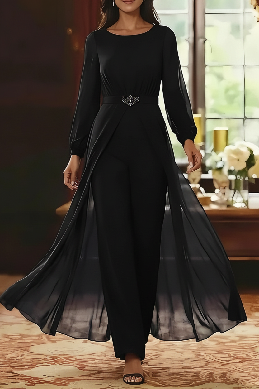 Jumpsuit Scoop Chiffon Mother of the Bride Jumpsuit with Overskirt Ankle-Length Long Sleeves