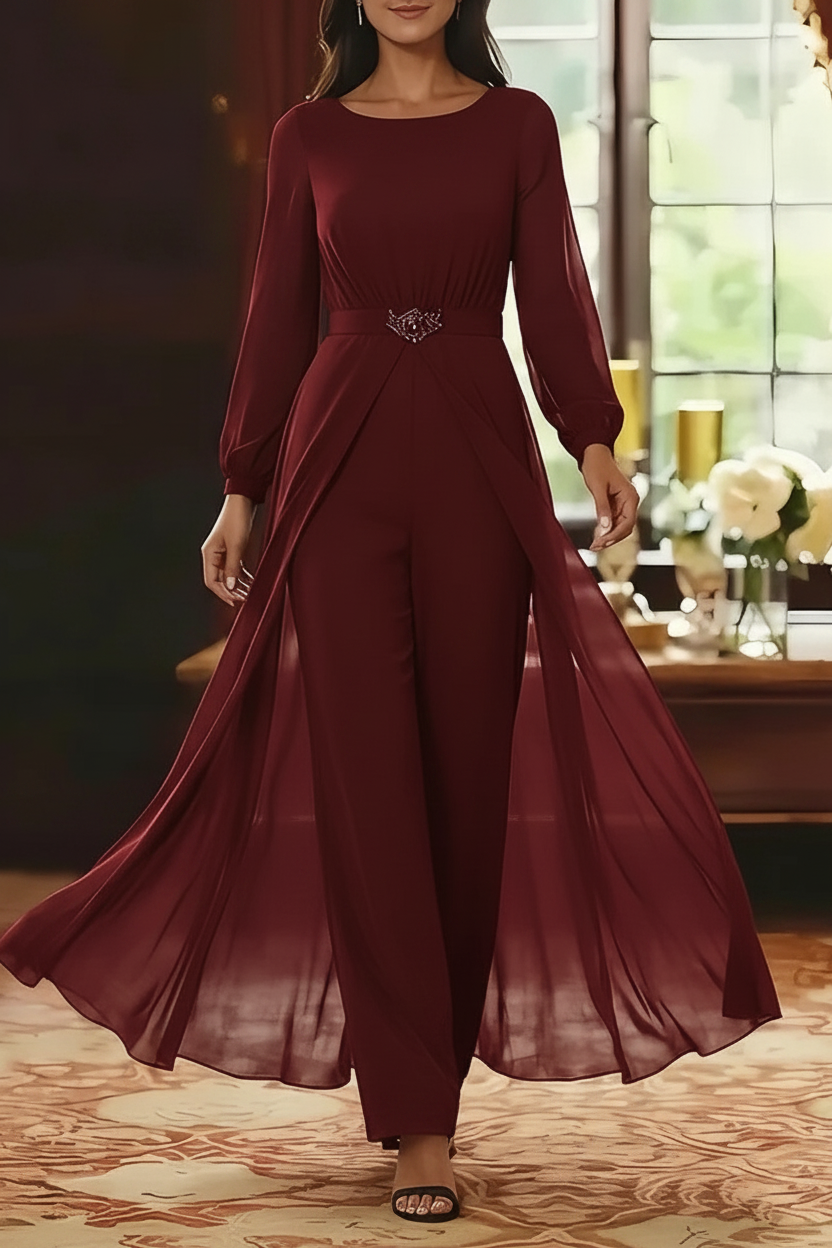 Jumpsuit Scoop Chiffon Mother of the Bride Jumpsuit with Overskirt Ankle-Length Long Sleeves