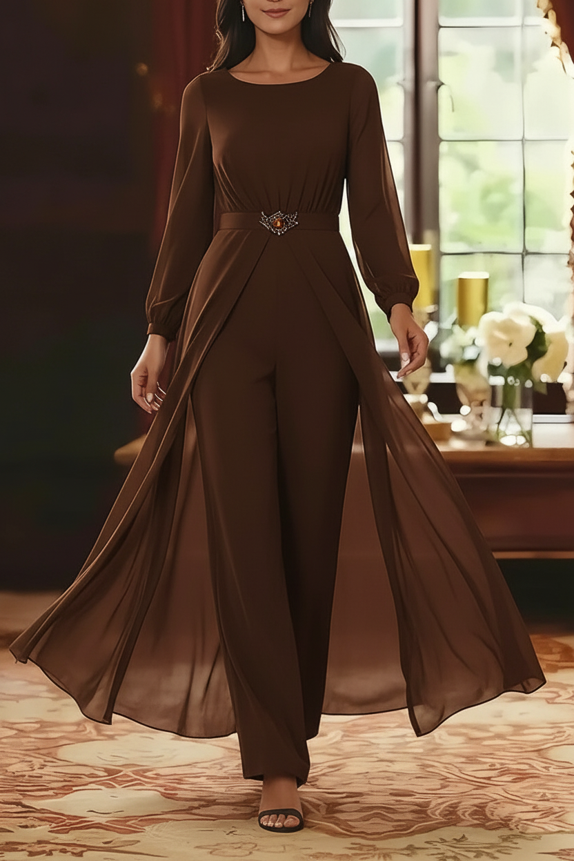 Jumpsuit Scoop Chiffon Mother of the Bride Jumpsuit with Overskirt Ankle-Length Long Sleeves