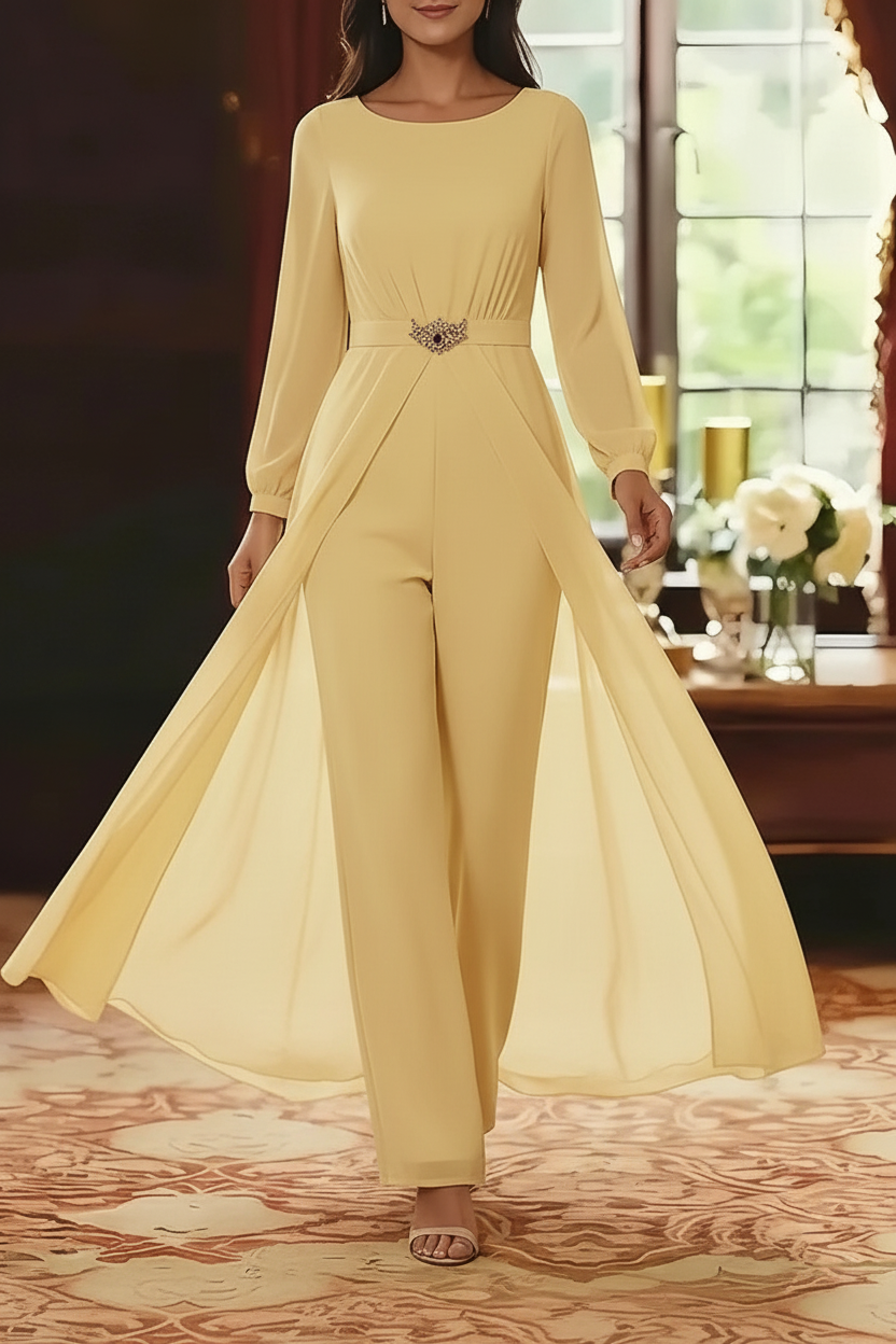 Jumpsuit Scoop Chiffon Mother of the Bride Jumpsuit with Overskirt Ankle-Length Long Sleeves