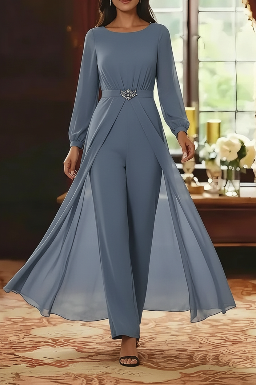 Jumpsuit Scoop Chiffon Mother of the Bride Jumpsuit with Overskirt Ankle-Length Long Sleeves