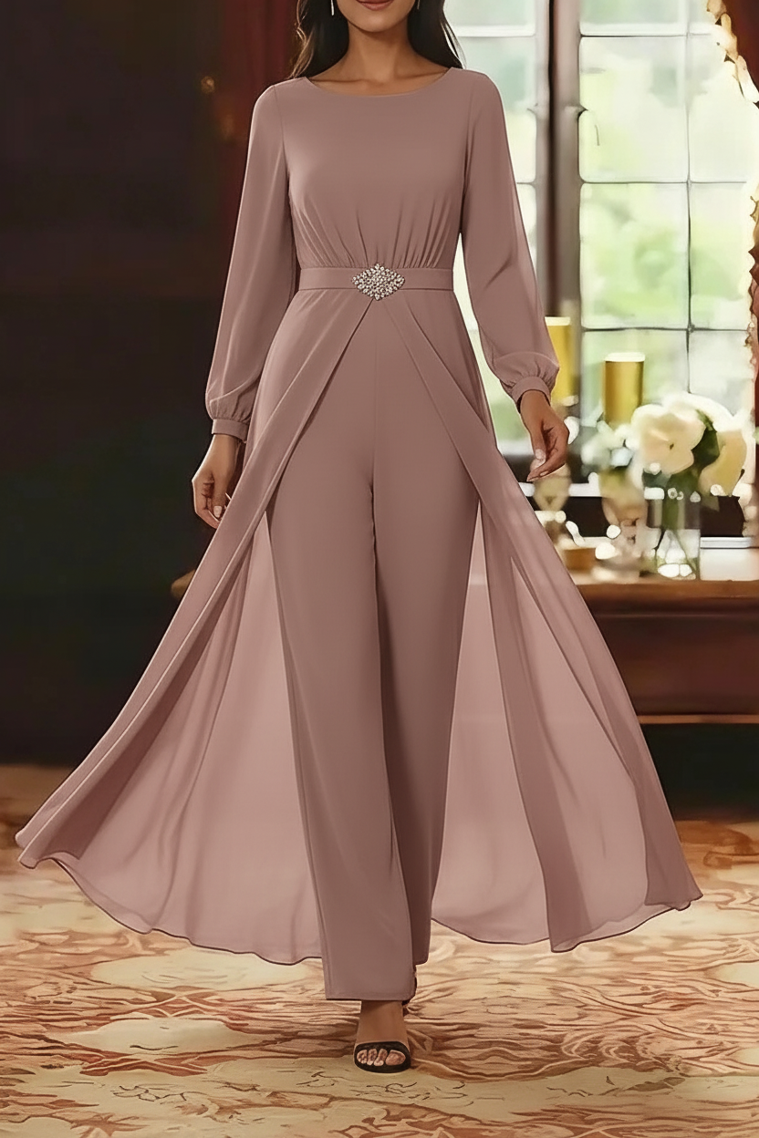 Jumpsuit Scoop Chiffon Mother of the Bride Jumpsuit with Overskirt Ankle-Length Long Sleeves