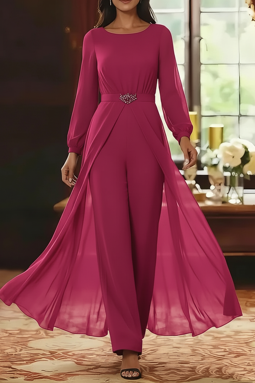 Jumpsuit Scoop Chiffon Mother of the Bride Jumpsuit with Overskirt Ankle-Length Long Sleeves