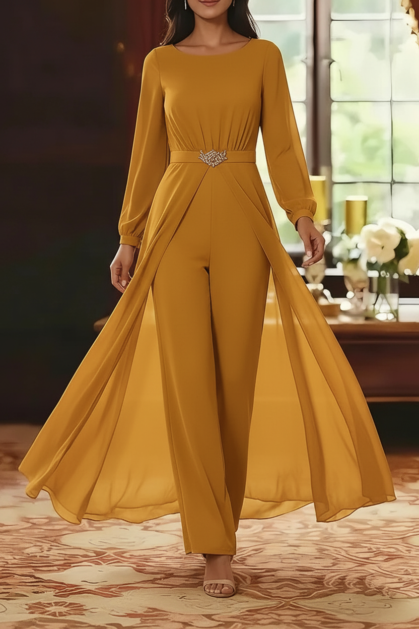 Jumpsuit Scoop Chiffon Mother of the Bride Jumpsuit with Overskirt Ankle-Length Long Sleeves
