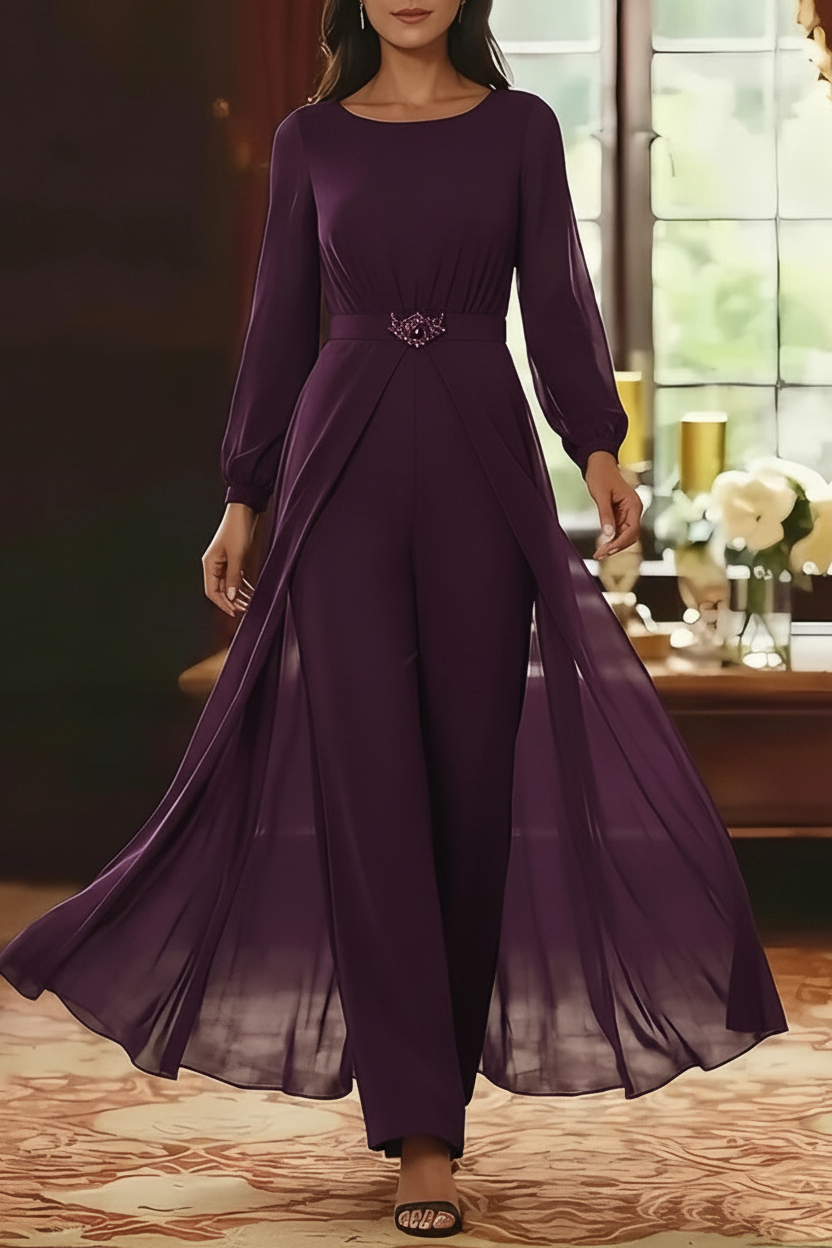 Jumpsuit Scoop Chiffon Mother of the Bride Jumpsuit with Overskirt Ankle-Length Long Sleeves