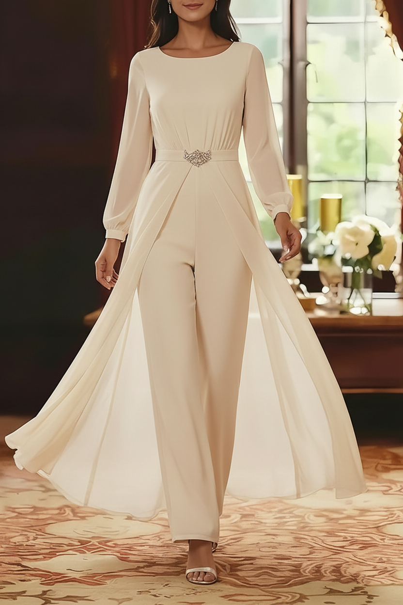 Jumpsuit Scoop Chiffon Mother of the Bride Jumpsuit with Overskirt Ankle-Length Long Sleeves