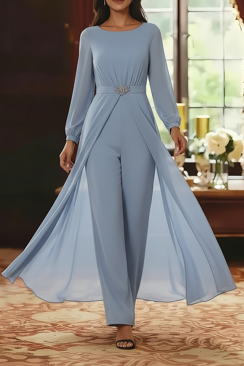 Jumpsuit Scoop Chiffon Mother of the Bride Jumpsuit with Overskirt Ankle-Length Long Sleeves