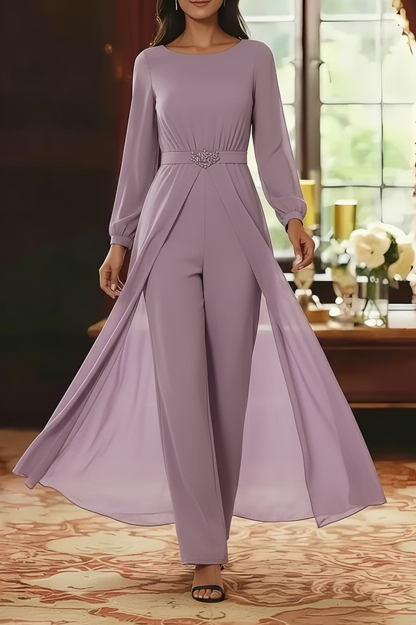 Jumpsuit Scoop Chiffon Mother of the Bride Jumpsuit with Overskirt Ankle-Length Long Sleeves