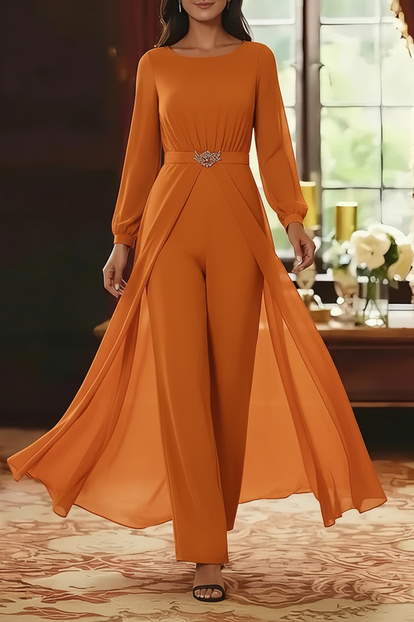 Jumpsuit Scoop Chiffon Mother of the Bride Jumpsuit with Overskirt Ankle-Length Long Sleeves