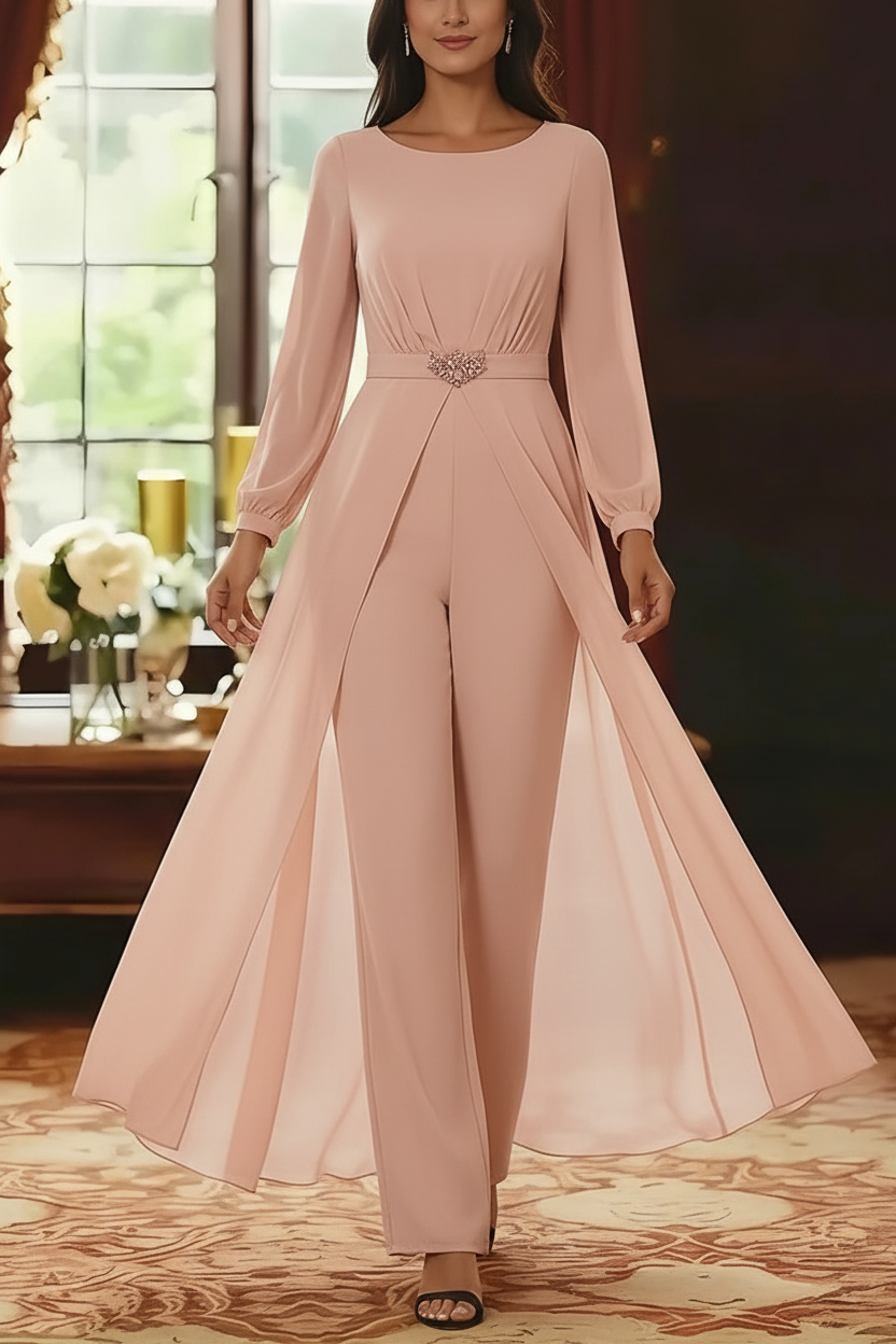 Jumpsuit Scoop Chiffon Mother of the Bride Jumpsuit with Overskirt Ankle-Length Long Sleeves