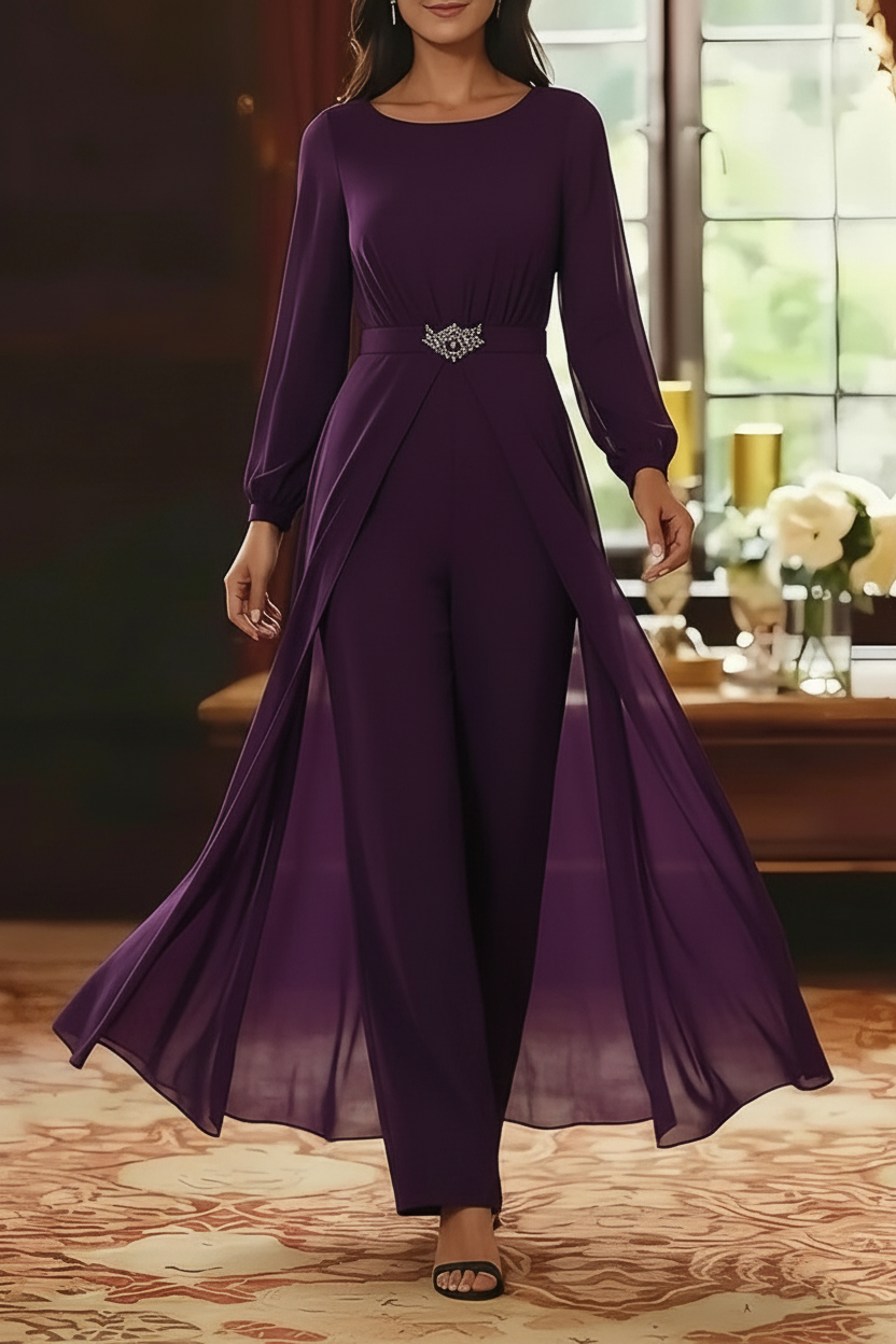 Jumpsuit Scoop Chiffon Mother of the Bride Jumpsuit with Overskirt Ankle-Length Long Sleeves