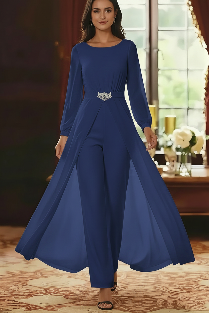Jumpsuit Scoop Chiffon Mother of the Bride Jumpsuit with Overskirt Ankle-Length Long Sleeves
