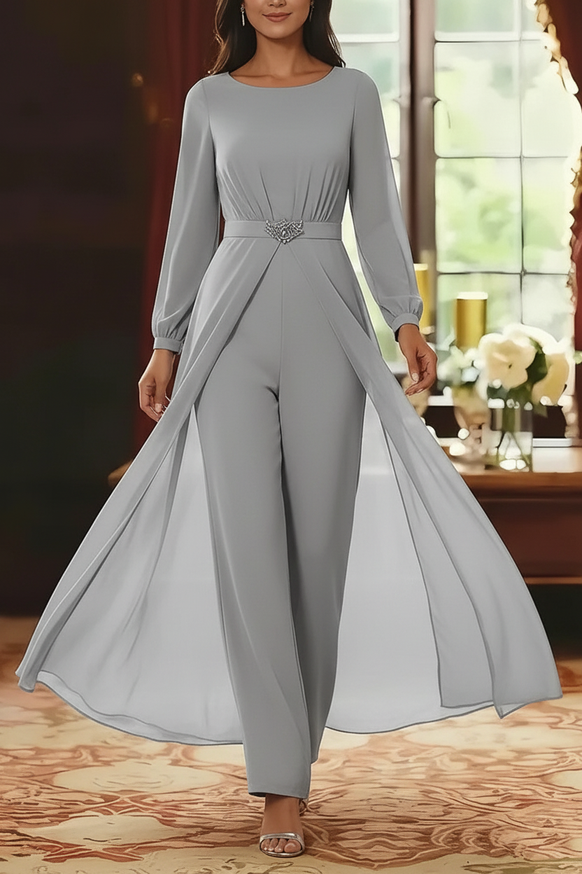 Jumpsuit Scoop Chiffon Mother of the Bride Jumpsuit with Overskirt Ankle-Length Long Sleeves