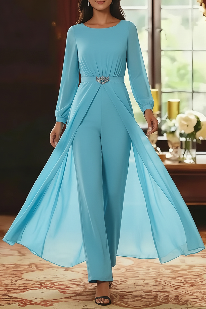 Jumpsuit Scoop Chiffon Mother of the Bride Jumpsuit with Overskirt Ankle-Length Long Sleeves