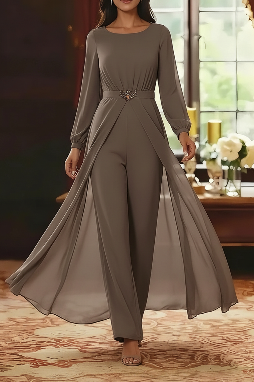 Jumpsuit Scoop Chiffon Mother of the Bride Jumpsuit with Overskirt Ankle-Length Long Sleeves