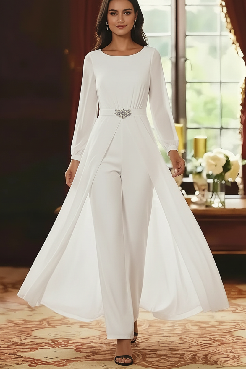 Jumpsuit Scoop Chiffon Mother of the Bride Jumpsuit with Overskirt Ankle-Length Long Sleeves