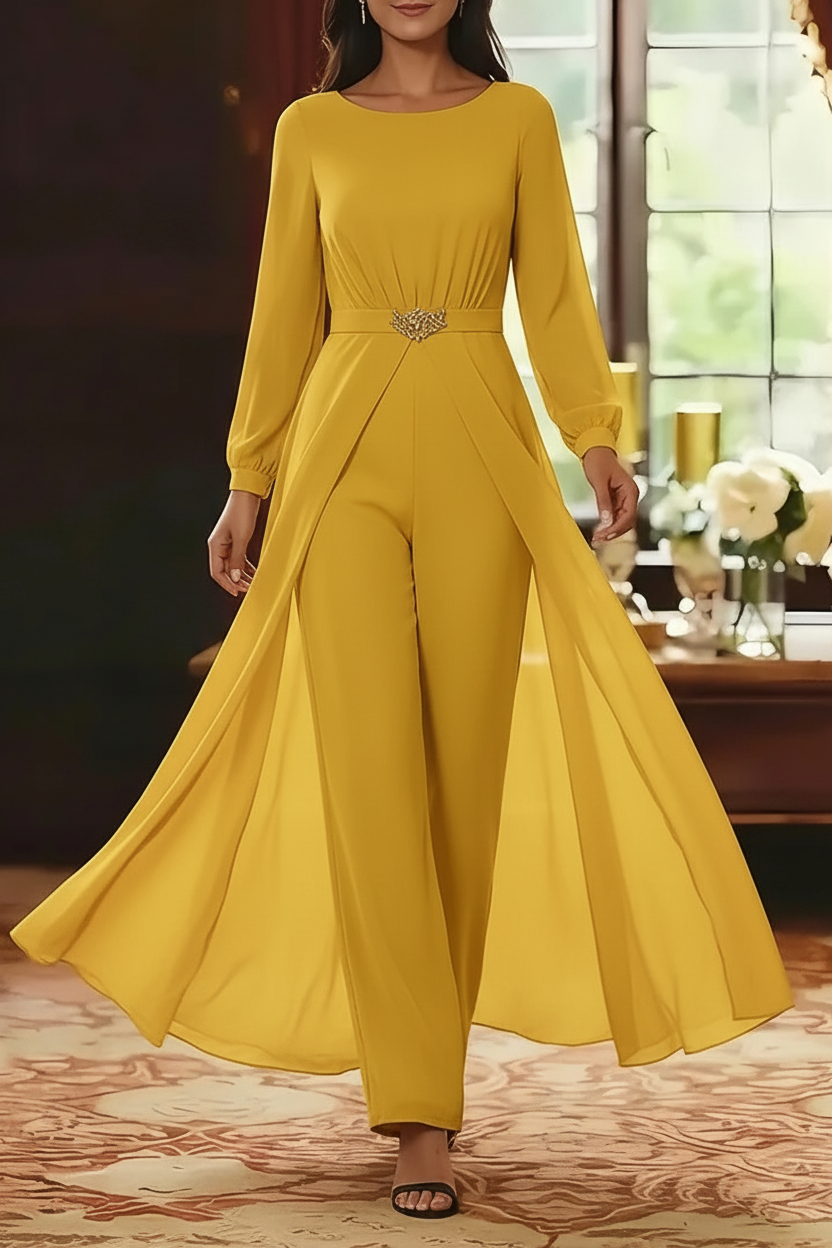 Jumpsuit Scoop Chiffon Mother of the Bride Jumpsuit with Overskirt Ankle-Length Long Sleeves