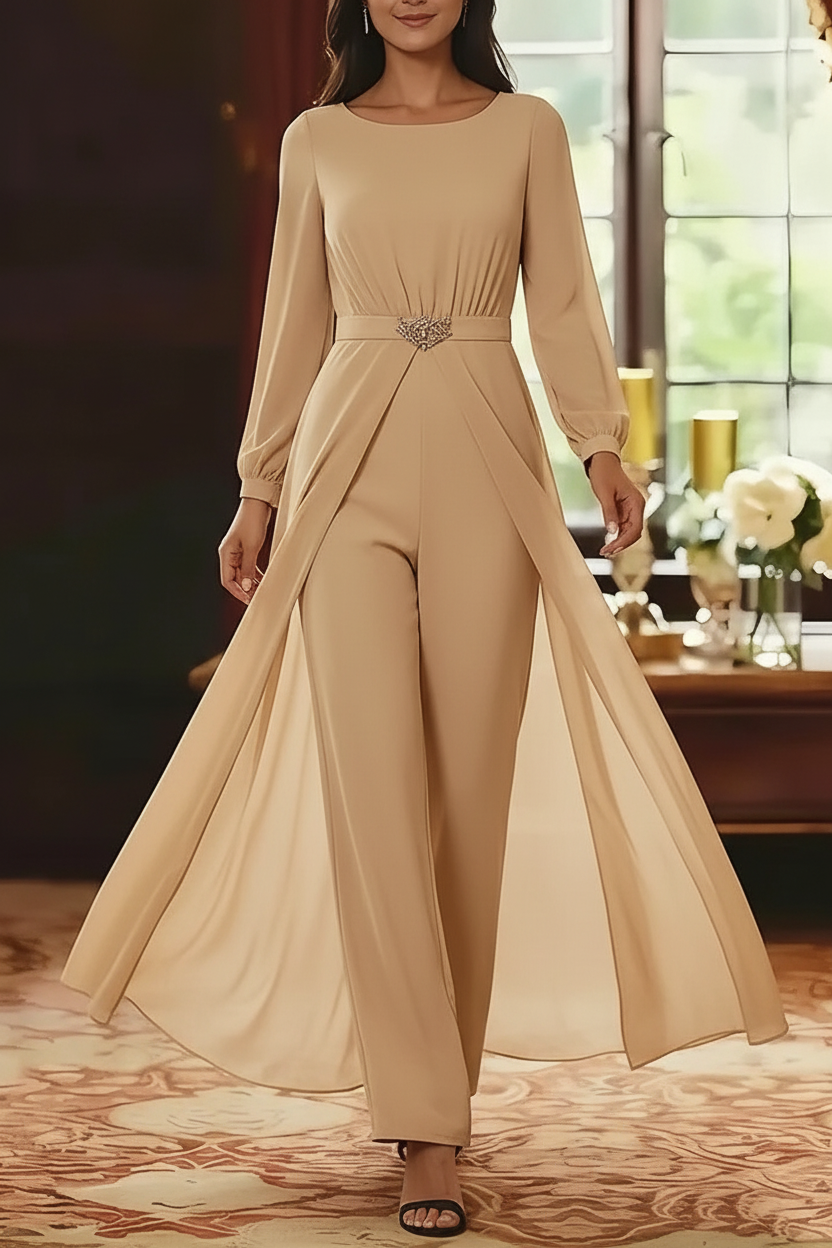 Jumpsuit Scoop Chiffon Mother of the Bride Jumpsuit with Overskirt Ankle-Length Long Sleeves