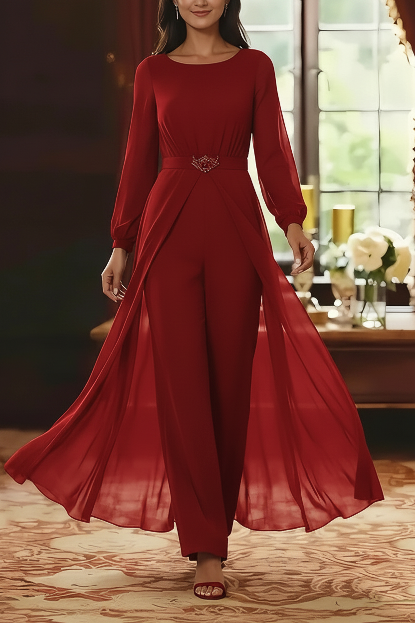 Jumpsuit Scoop Chiffon Mother of the Bride Jumpsuit with Overskirt Ankle-Length Long Sleeves