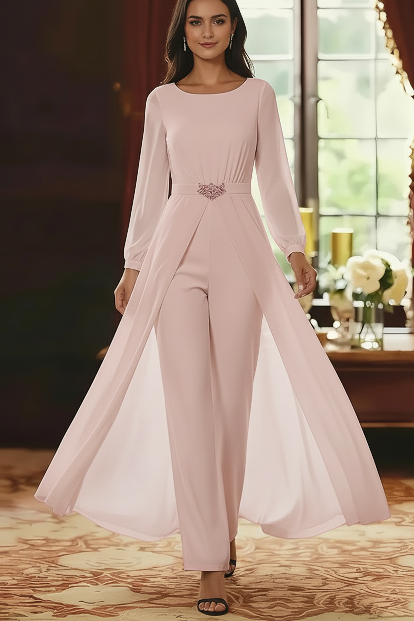 Jumpsuit Scoop Chiffon Mother of the Bride Jumpsuit with Overskirt Ankle-Length Long Sleeves